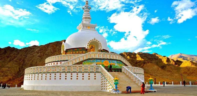 Shanti Stupa, Leh, Ladakh: a white Buddhist monument on a mountain