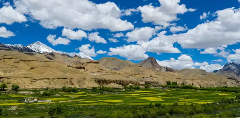 Green fields and villages nestled in a valley with snow-capped mountains under a cloudy blue sky.
